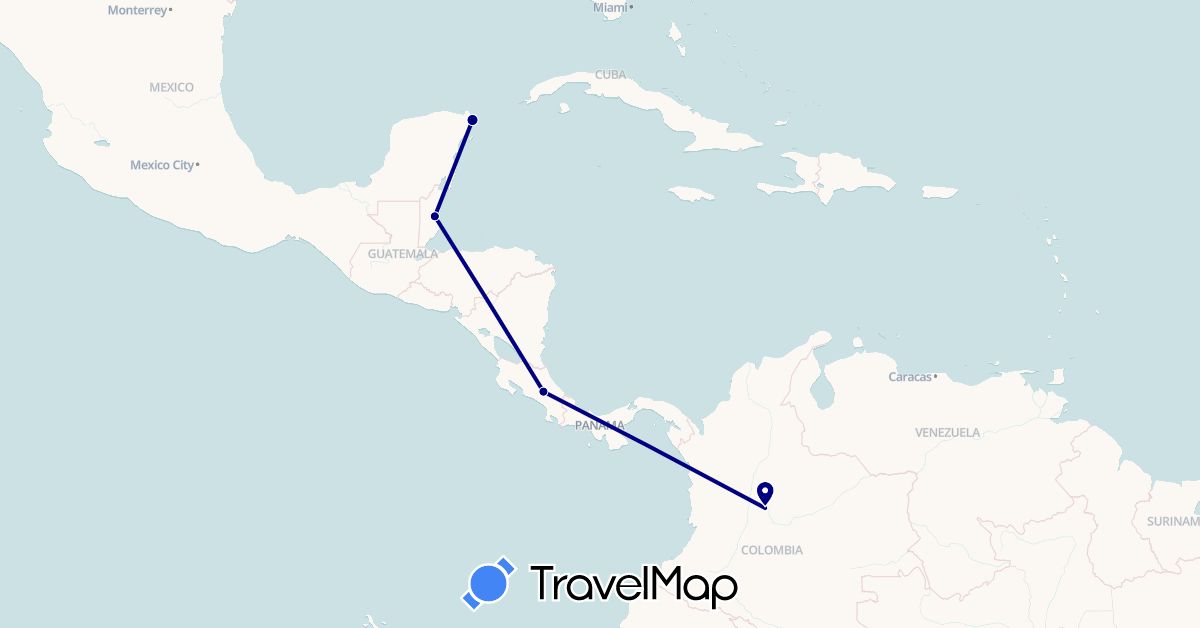 TravelMap itinerary: driving in Belize, Colombia, Costa Rica, Mexico (North America, South America)